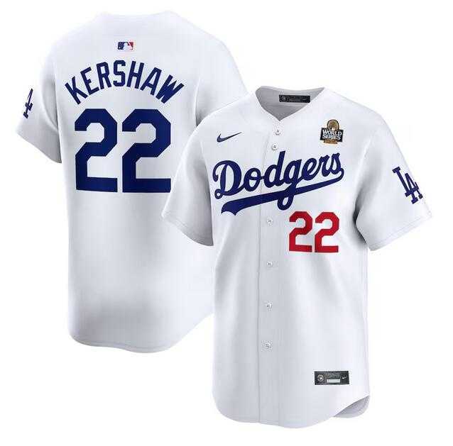 Mens Los Angeles Dodgers #22 Clayton Kershaw White 2024 World Series Home Limited Stitched Baseball Jersey